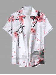 Plus Size Plum Bossom Flower Watercolor Print Buttons Pocket Hawaii Shirt For Men -  