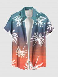 Plus Size Coconut Tree Ombre Colorblock Print Buttons Pocket Hawaii Shirt For Men -  
