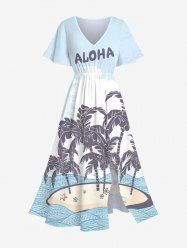 Plus Size Coconut Tree Flower Star Sea Waves Print Split Hawaii Midi Dress -  