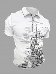Plus Size Cruise Sailboat Sea Waves Print Zipper Polo Shirt For Men -  
