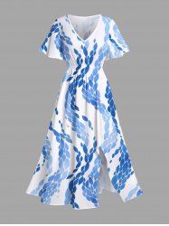 Plus Size Curve Ombre Sea Wave Print Hawaii Split Pocket A Line Midi Dress -  
