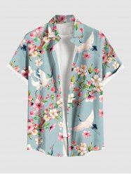 Plus Size Peach Blossom Floral Leaf Branch Crane Print Hawaii Button Pocket Shirt For Men -  