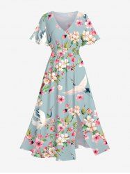 Plus Size Peach Blossom Floral Leaf Branch Crane Print Hawaii Split Pocket A Line Midi Dress -  