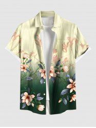 Plus Size Floral Leaf Branch Ombre Print Hawaii Button Pocket Shirt For Men -  