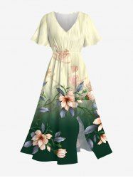 Plus Size Floral Leaf Branch Ombre Print Hawaii Split Pocket A Line Midi Dress -  