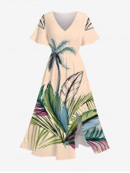 Plus Size Coconut Tree Tropical Leaves Print Hawaii Split Pocket A Line Midi Dress -  