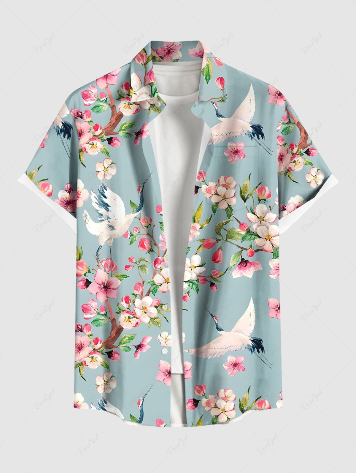 Affordable Plus Size Peach Blossom Floral Leaf Branch Crane Print Hawaii Button Pocket Shirt For Men  