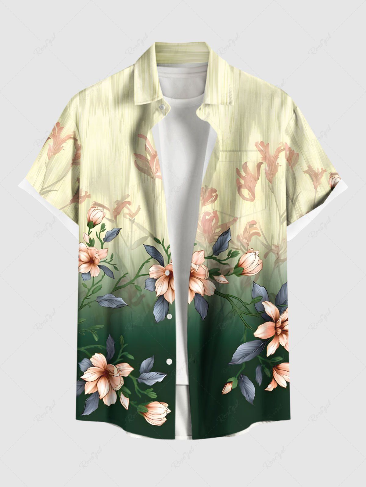 Outfit Plus Size Floral Leaf Branch Ombre Print Hawaii Button Pocket Shirt For Men  