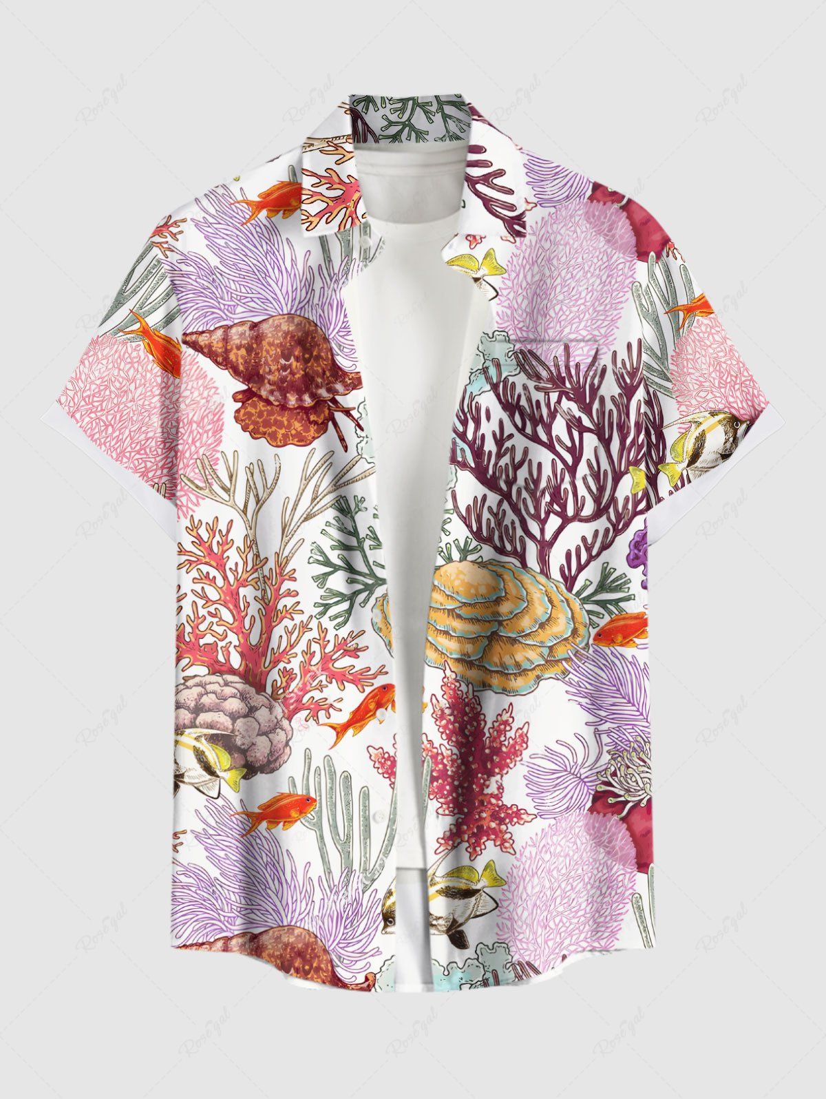 Fancy Plus Size Colorful Coral Conch Shell Fish Print Hawaii Button Pocket Shirt For Men  