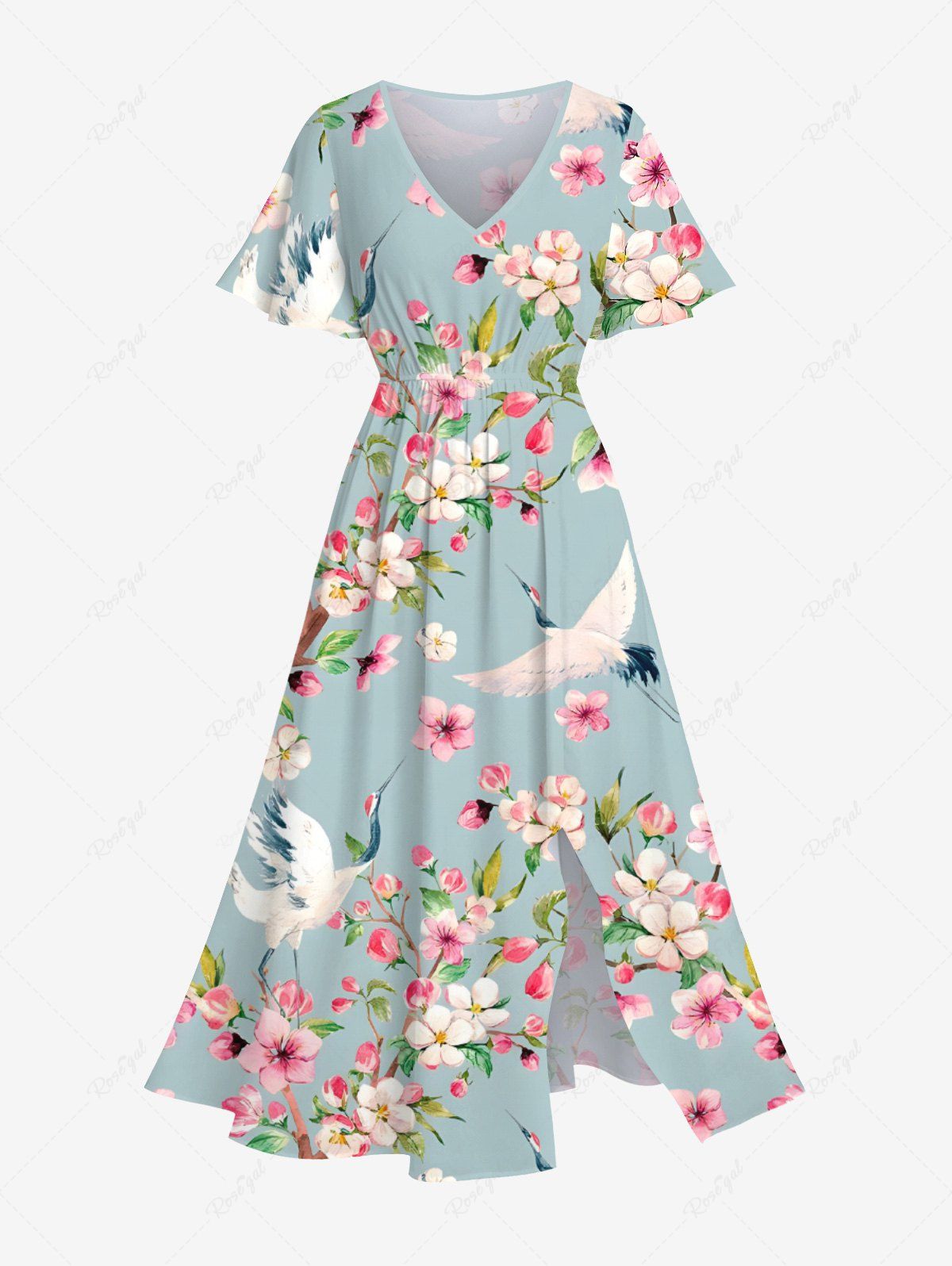 Hot Plus Size Peach Blossom Floral Leaf Branch Crane Print Hawaii Split Pocket A Line Midi Dress  