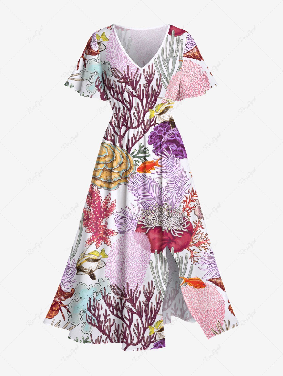 Discount Plus Size Colorful Coral Conch Shell Fish Print Hawaii Split Pocket A Line Midi Dress  