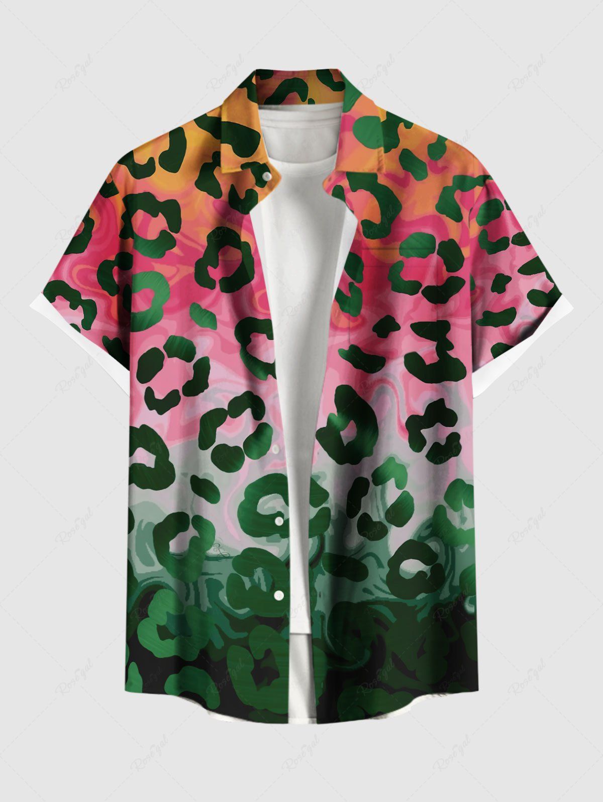 Shops Plus Size Leopard Floral Print Hawaii Ombre Button Pocket Shirt For Men  