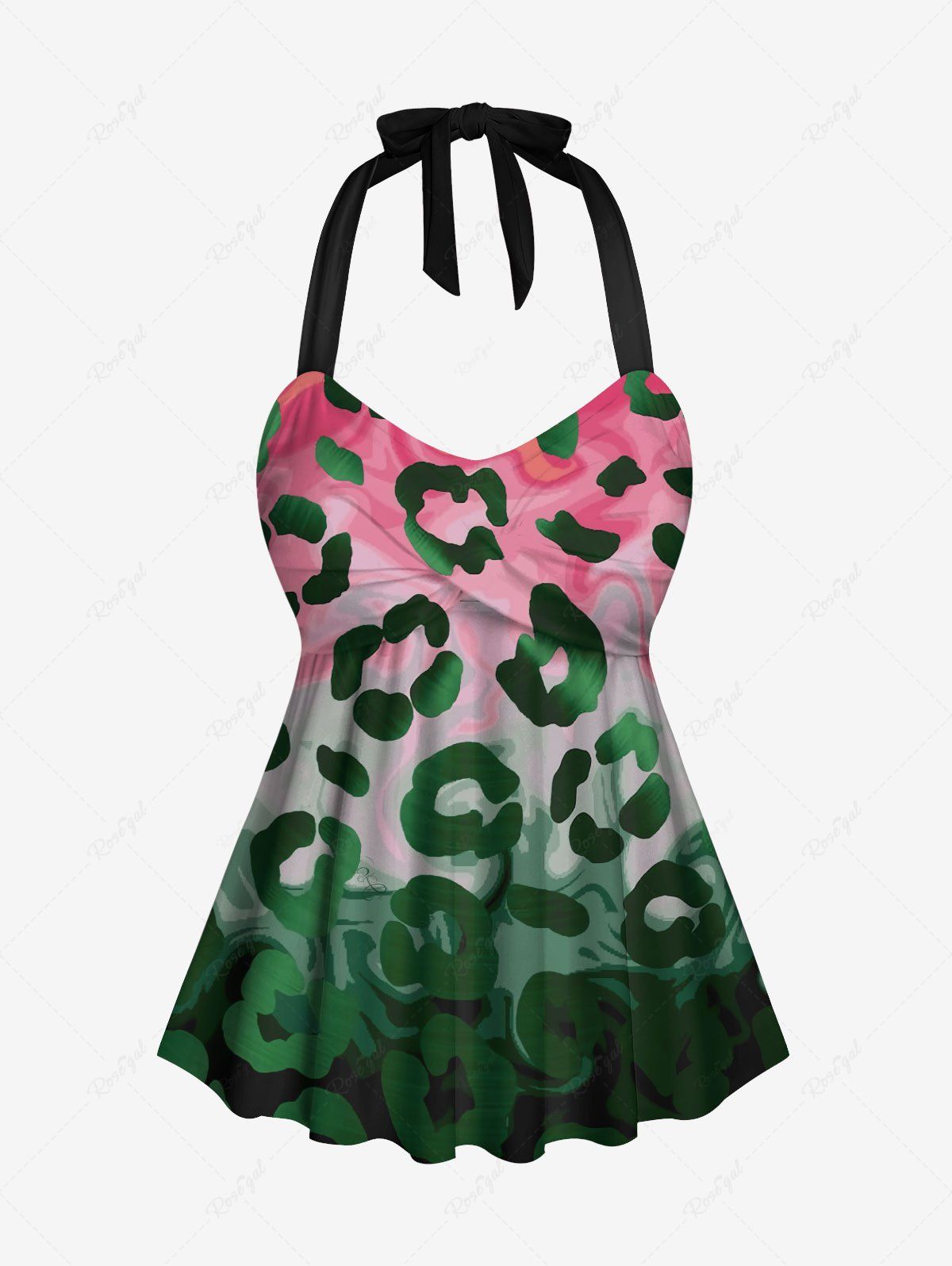 Maillot de Bain Tankini Tordu Fleuri Léopard Imprimé Ombré à Col Halter sans Dos Vert XS