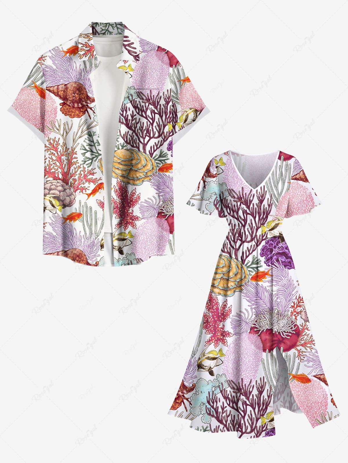 Chic Colorful Coral Conch Shell Fish Print Plus Size Matching Hawaii Beach Outfit For Couples  