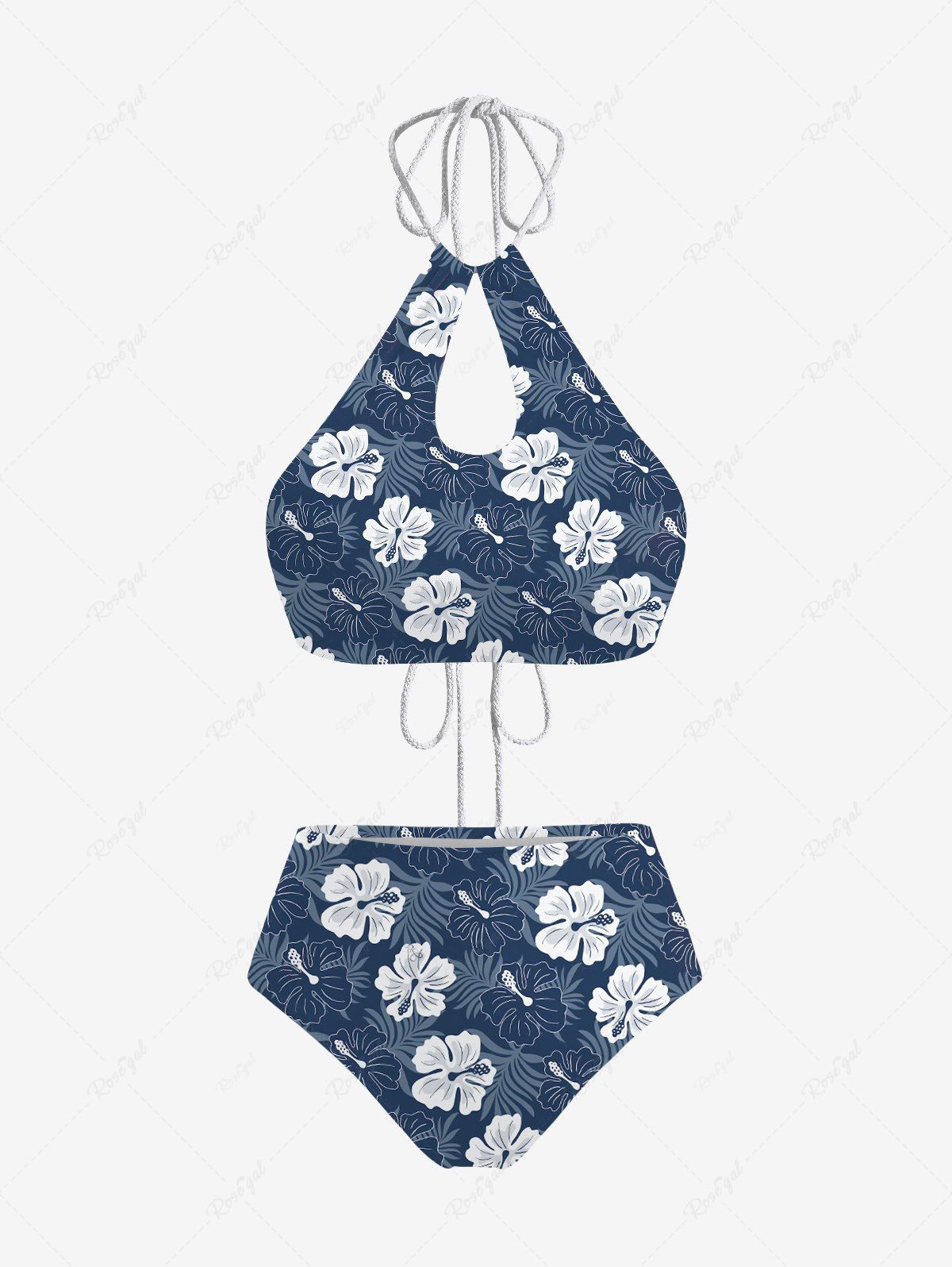 Outfit Floral Tropical Leaves Print Hawaii Hollow Out Halter Backless Tankini Swimsuit  