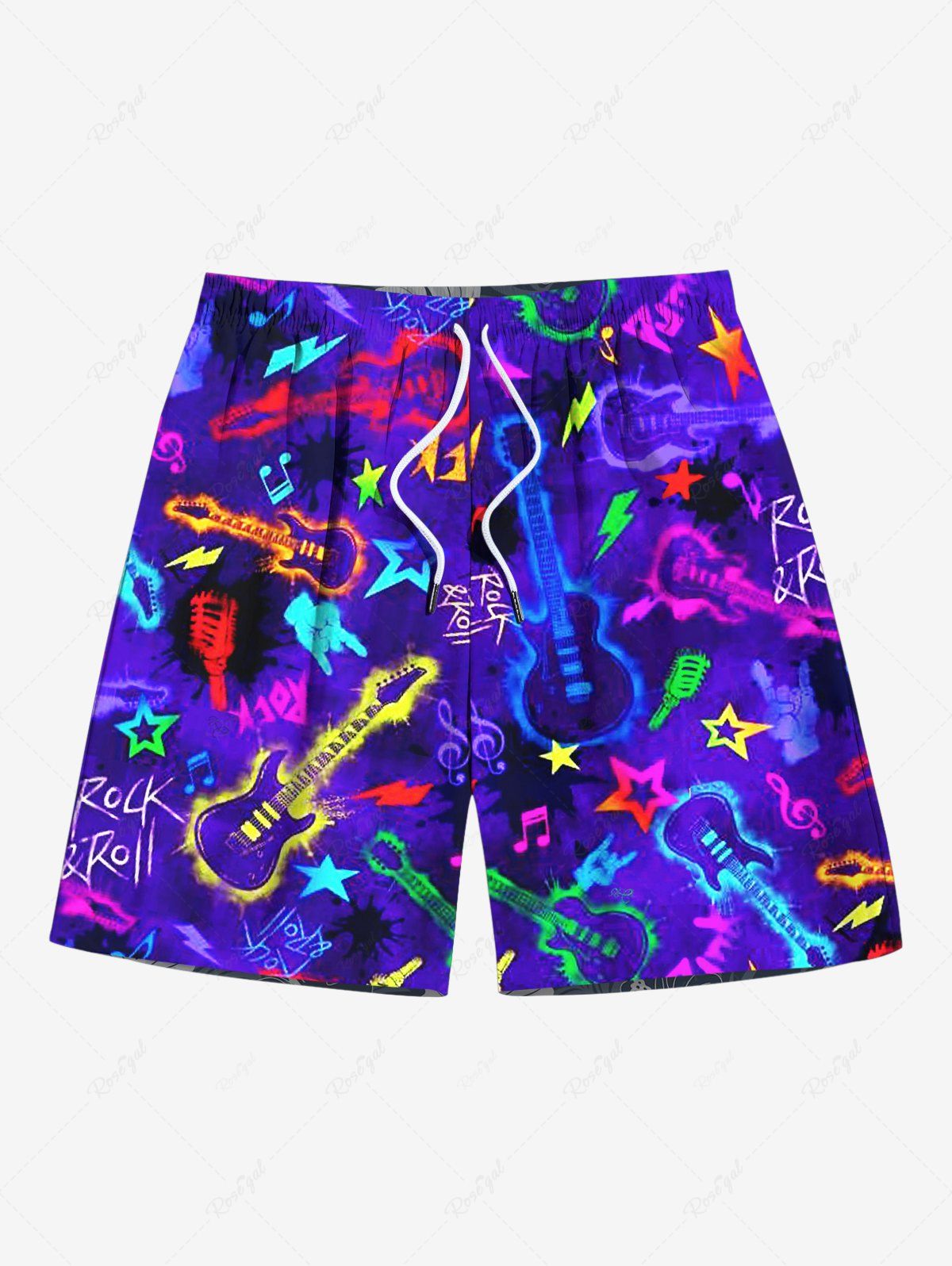 Unique Plus Size Colorful Guitar Star Print Hawaii Rock and Roll Music Drawstring Beach Shorts For Men  