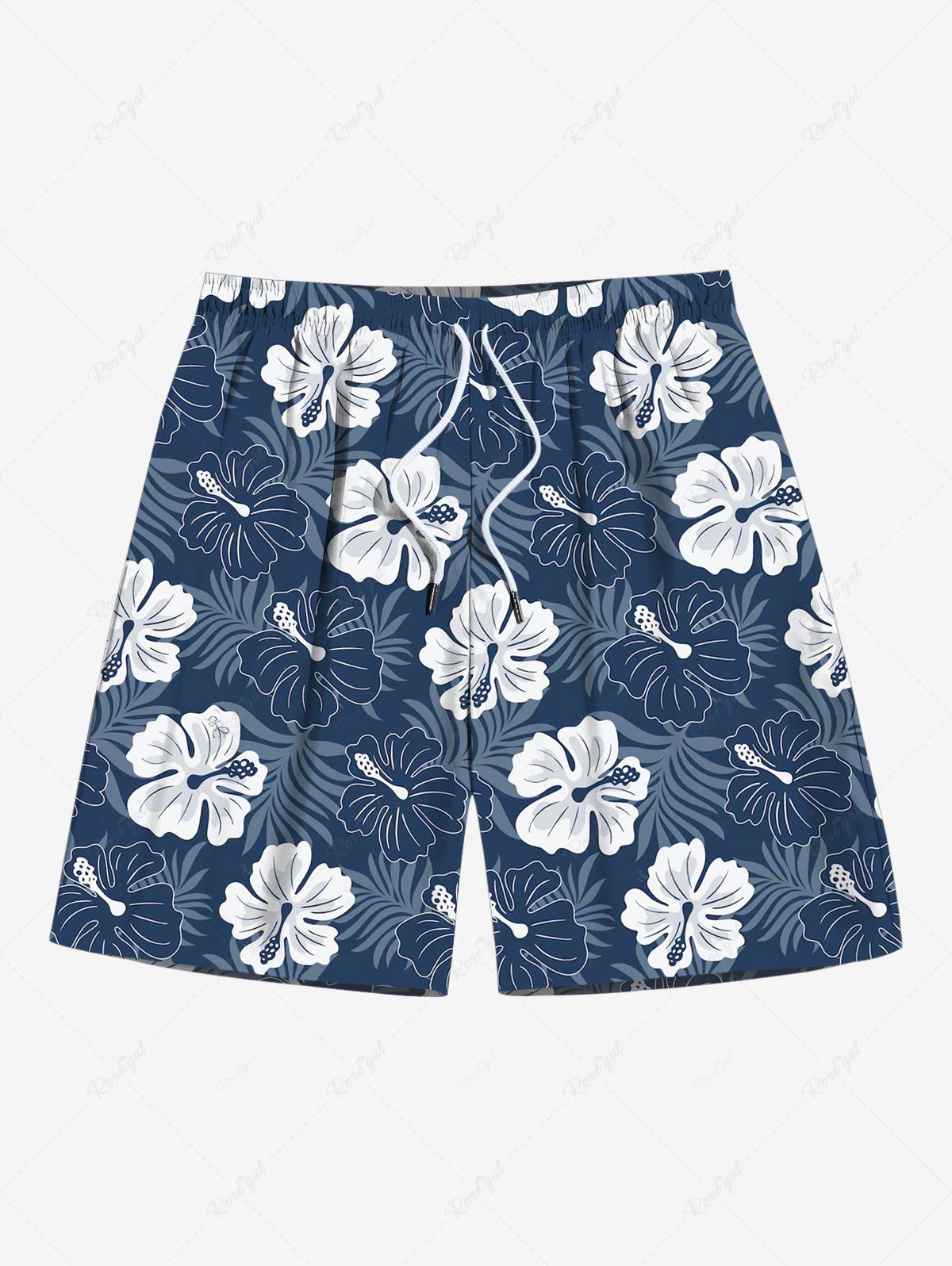 Chic Plus Size Floral Tropical Leaves Print Hawaii Drawstring Beach Shorts For Men  