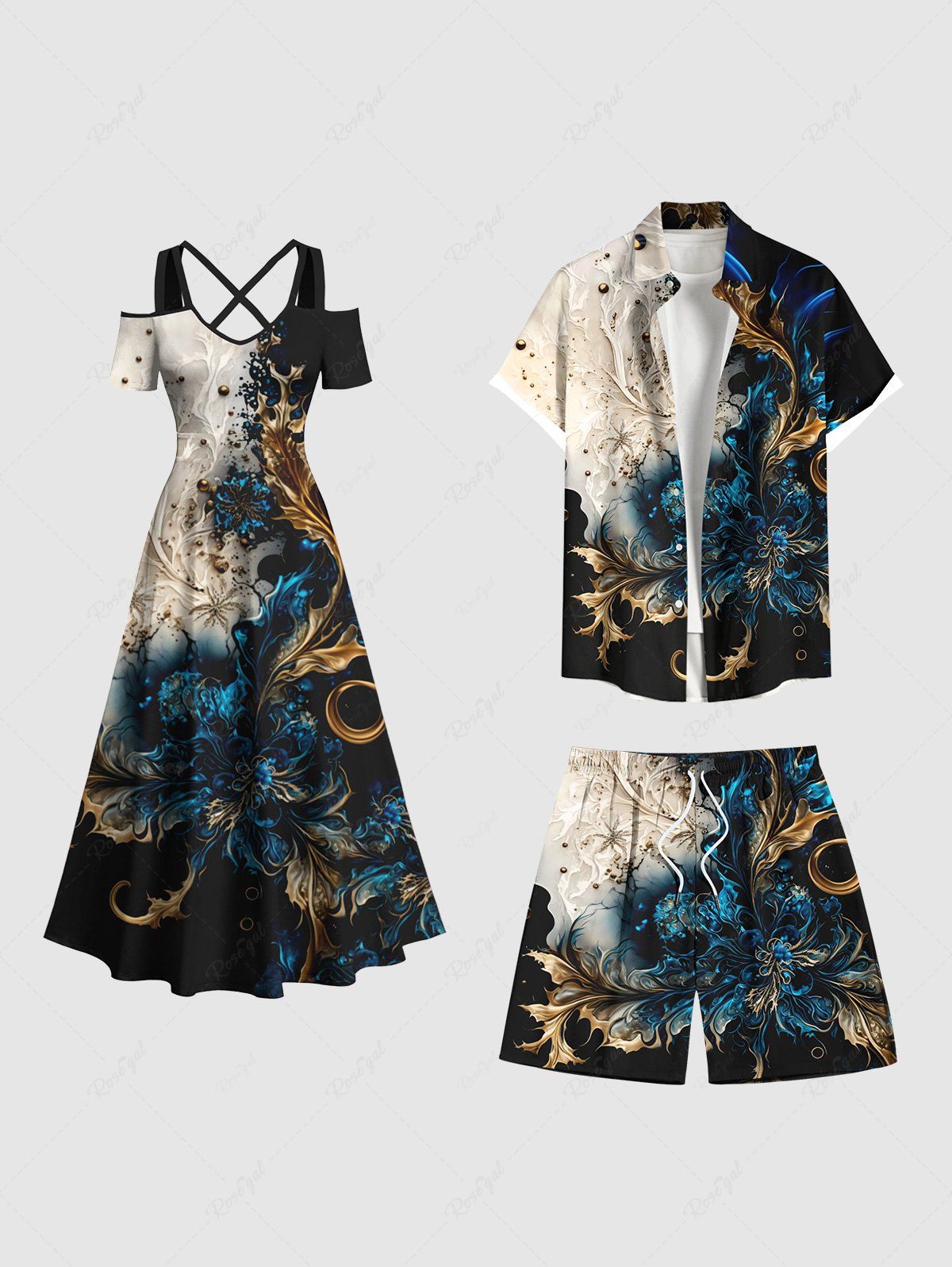 Cheap Metallic Floral Pearl 3D Print Plus Size Matching Hawaii Beach Outfit For Couples  