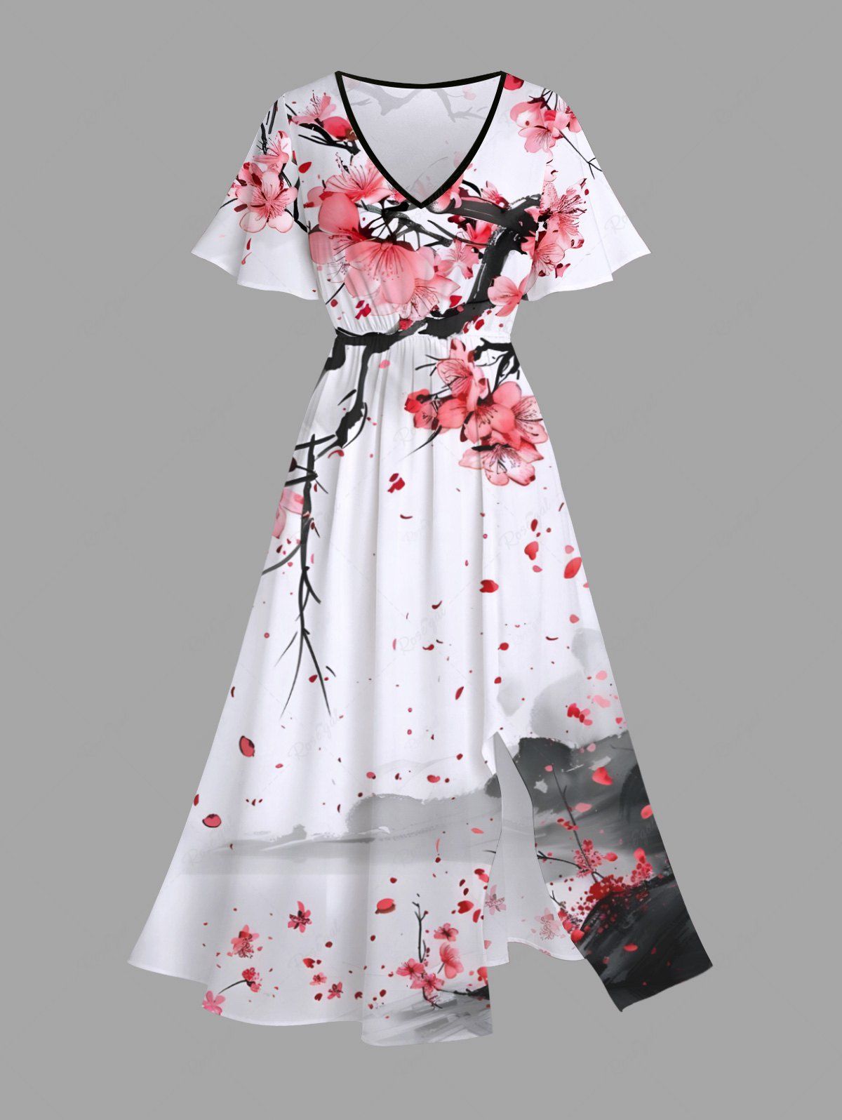 Buy Plus Size Plum Bossom Flower Watercolor Print Split Hawaii Midi Dress  
