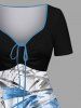 Costume de Plage à Imprimé Feuilles à L'Aquarelle Contrastant Grande-Taille pour Femme - Bleu 