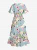 Plus Size Peach Blossom Floral Leaf Branch Crane Print Hawaii Split Pocket A Line Midi Dress -  