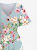 Plus Size Peach Blossom Floral Leaf Branch Crane Print Hawaii Split Pocket A Line Midi Dress -  