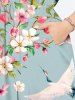 Plus Size Peach Blossom Floral Leaf Branch Crane Print Hawaii Split Pocket A Line Midi Dress -  