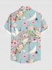 Plus Size Peach Blossom Floral Leaf Branch Crane Print Hawaii Button Pocket Shirt For Men -  