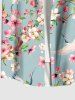 Plus Size Peach Blossom Floral Leaf Branch Crane Print Hawaii Button Pocket Shirt For Men -  