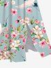 Plus Size Peach Blossom Floral Leaf Branch Crane Print Hawaii Split Pocket A Line Midi Dress -  