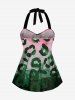 Maillot de Bain Tankini Tordu Fleuri Léopard Imprimé Ombré à Col Halter sans Dos - Vert XS