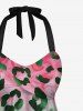 Maillot de Bain Tankini Tordu Fleuri Léopard Imprimé Ombré à Col Halter sans Dos - Vert XS