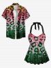 Maillot de Bain Tankini Tordu Fleuri Léopard Imprimé Ombré à Col Halter sans Dos - Vert XS