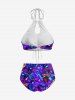 Maillot de Bain Tankini Hawaïen Evidé Guitare Coloré et Musique Imprimés à Col Halter - Pourpre  3XL