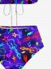 Maillot de Bain Tankini Hawaïen Evidé Guitare Coloré et Musique Imprimés à Col Halter - Pourpre  3XL