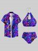 Maillot de Bain Tankini Hawaïen Evidé Guitare Coloré et Musique Imprimés à Col Halter - Pourpre  3XL