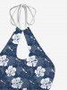 Floral Tropical Leaves Print Hawaii Hollow Out Halter Backless Tankini Swimsuit -  