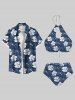 Floral Tropical Leaves Print Hawaii Hollow Out Halter Backless Tankini Swimsuit -  