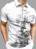 Plus Size Cruise Sailboat Sea Waves Print Zipper Polo Shirt For Men -  