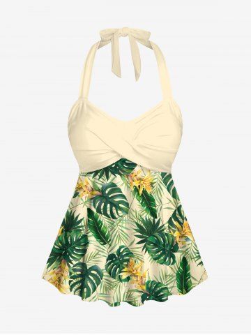 Plus Size Tropical Leaf Flower Print Halter Hawaii Tankini Top - GREEN - S