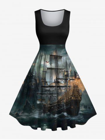 Plus Size Sailboat Castle Sea Waves Print Hawaii Cruise 1950s Vintage Dress - BLACK - M