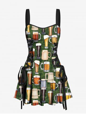 Beer Cups Teapot Glasses Print Lace Up Hawaii Tank Dress - BLACK - M
