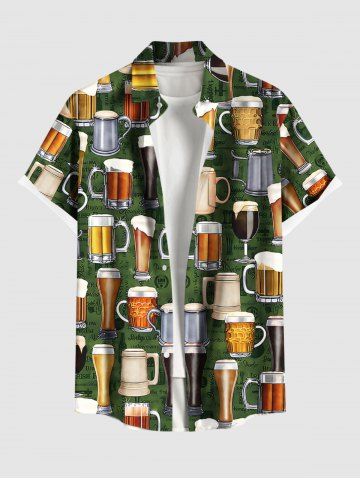Plus Size Beer Cups Teapot Glasses Print Buttons Pocket Hawaii Shirt For Men
