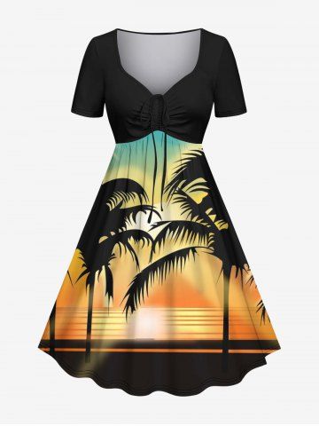 Plus Size Coconut Tree Sun Ombre Colorblock Print Cinched Hawaii Dress - BLACK - M