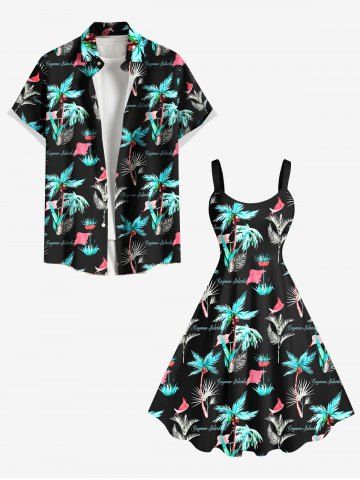 Plus Size Coconut Tree Bird Letters Print Hawaii A Line Tank Dress