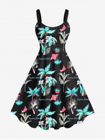 Plus Size Coconut Tree Bird Letters Print Hawaii A Line Tank Dress - BLACK - 6X