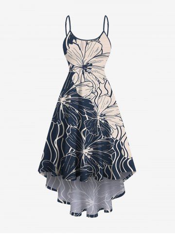 Plus Size Floral Wave Line Two Tone Print Hawaii High Low Asymmetric Cami Dress - BLACK - 6X