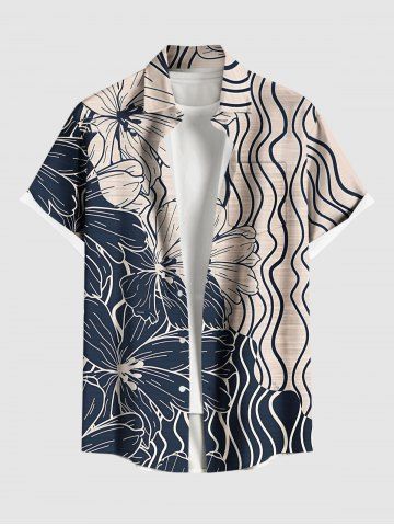 Plus Size Floral Wave Line Two Tone Print Hawaii Button Pocket Shirt For Men
