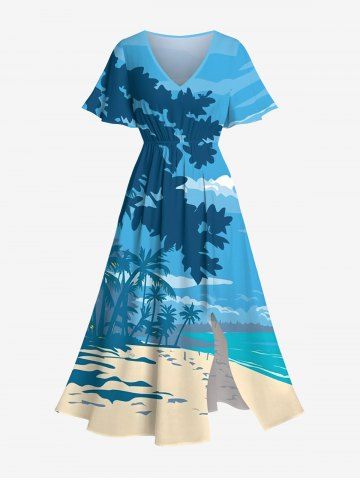 Plus Size Coconut Tree Sea Beach Ombre Sky Print Hawaii Split Pocket A Line Midi Dress - BLUE - 6X