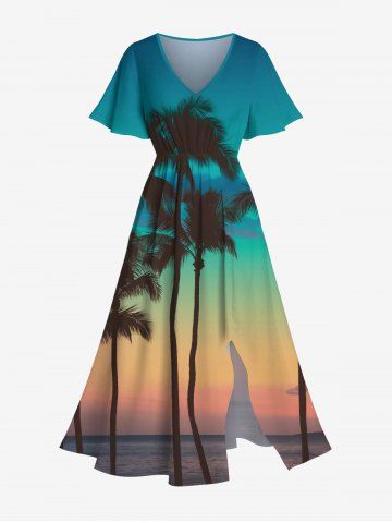 Plus Size Coconut Tree Sea Ombre Dusk Sky Print Hawaii Split Pocket A Line Midi Dress - BLUE - 6X